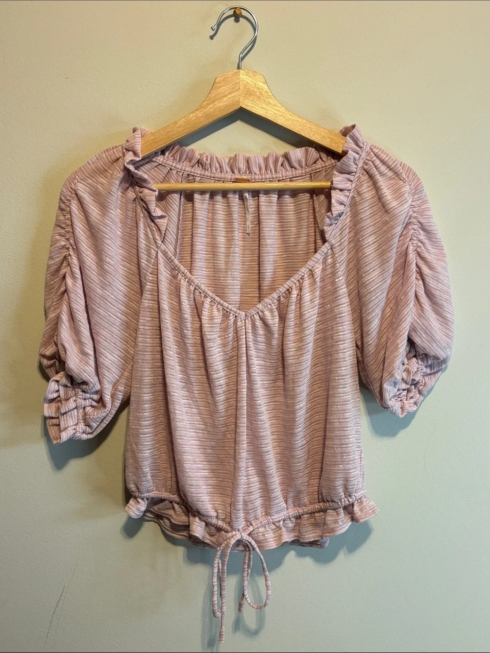✨Free People Pink Stripe Dorothy Puff Sleeve Crop Top Ruffle Drawstring Size Sm